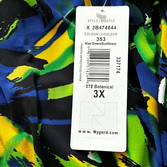 TUNIC, STRETCH, BLUE/YELLOW/GREEN, SIZE 3X, VEE NECK, WAIST TIES FOR BOW, - Picture 10 of 13